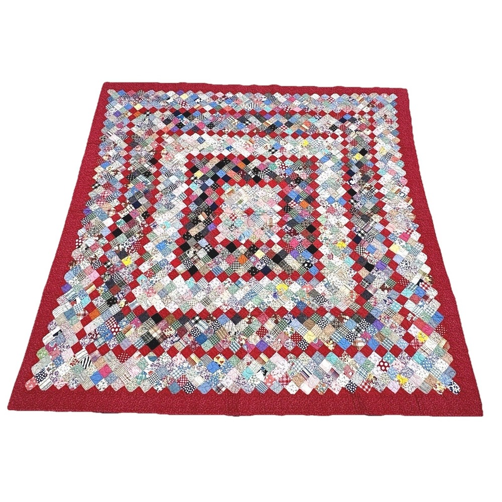 Handmade Patchwork Quilt Red Scrappy Postage Stamp Style 70" Square Cotton